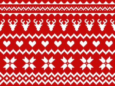 İskandinav geleneksel kusursuz desen. Norveç Noel kazağı. Geyikler, kalpler ve kar taneleriyle kırmızı ve beyaz örülmüş Noel desenleri. Hygge. İskandinav kış desenleri