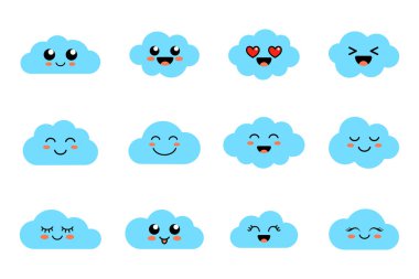 Komik bulutlar - vektör koleksiyonu. Emojili bulutlar. Kawai bulut yüzleri. Sevimli emoticonlar. Düz. Vektör illüstrasyonu.