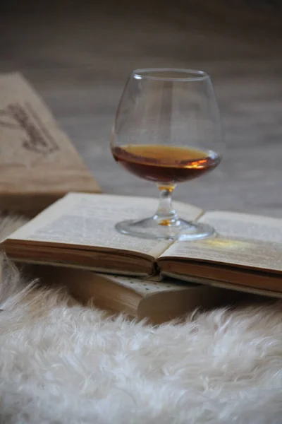Glass Cognac Old Books — Stock Photo, Image