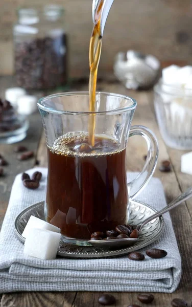 Café Negro Con Azúcar Una Taza Vidrio — Foto de Stock