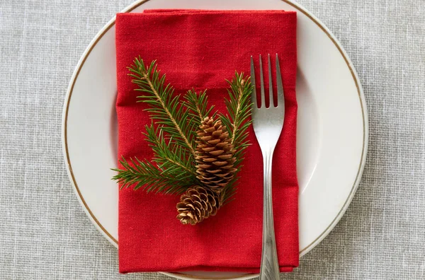 New Year Table Setting Fir Branch Pine Cone — Stock Photo, Image