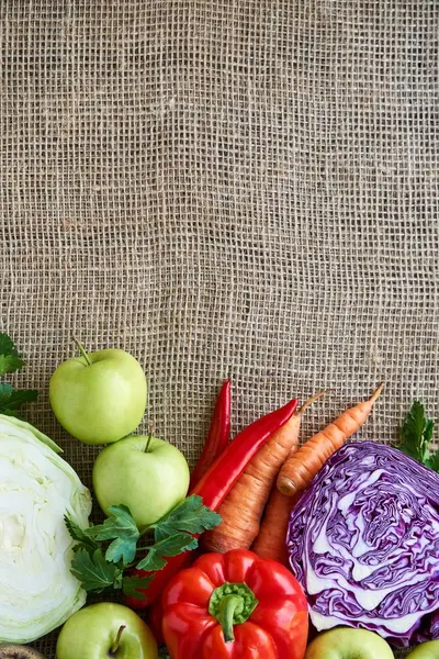 Vários Verduras Frutos Contexto Têxtil — Fotografia de Stock
