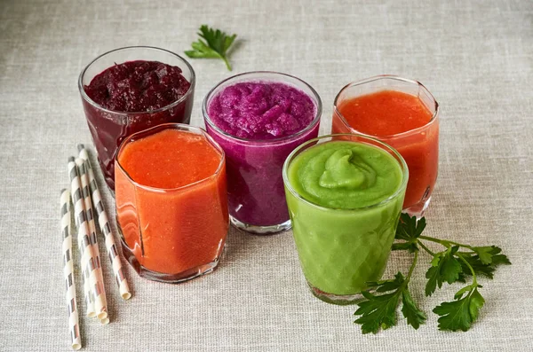 Various Vegetable Smoothies Gray Background — Stock Photo, Image