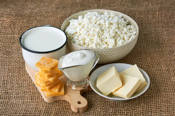 Various dairy products on a textile background