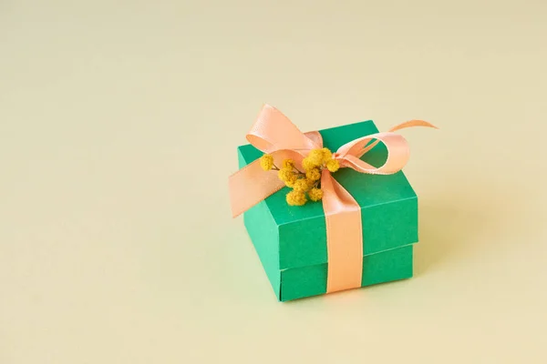 Kurdeleli ve mimoza dallı yeşil hediye kutusu                                