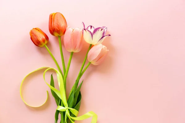 Strauß Aus Bunten Tulpen Mit Schleife Auf Rosa Hintergrund — Stockfoto
