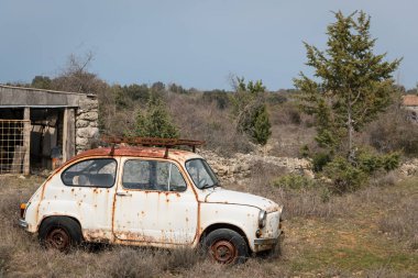 Bir bahçede duran bir eski paslı kazası