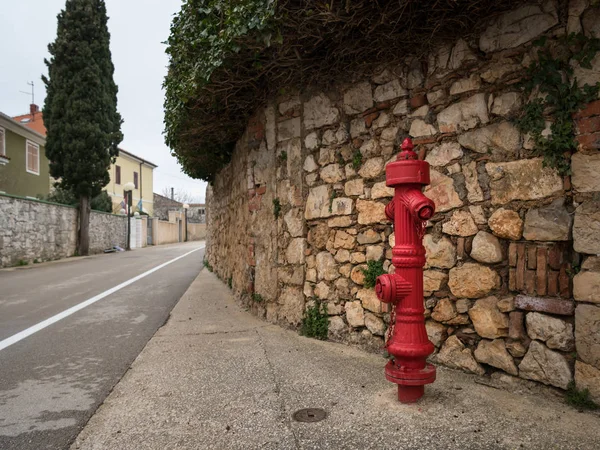 Idratante rosso fuoco davanti a un muro di pietra — Foto Stock