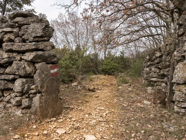 Πεζοπορική διαδρομή κατά μήκος παλιά πέτρινα τείχη στην Κροατία — Φωτογραφία Αρχείου