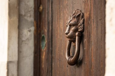 A bronze door handle on a brown door in Venice