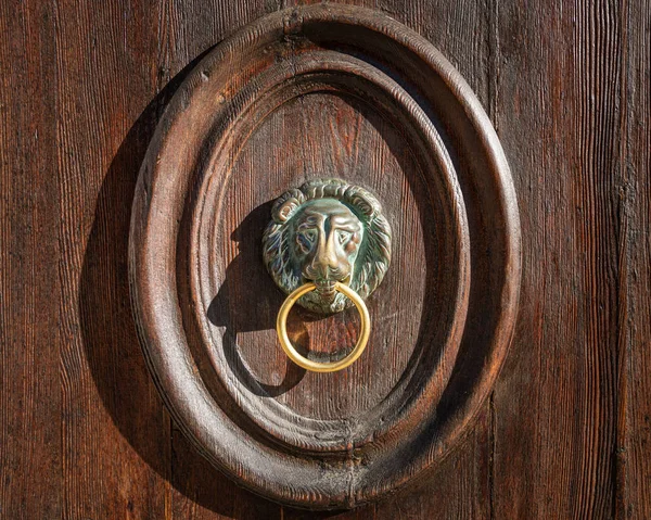 A bronze door handle on a brown door in Venice