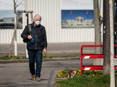 Viyana, Avusturya - 04 Nisan 2020: Köpekli bir adam sokakta maske takıyor, Corona virüsü enfeksiyonuna karşı korunuyor, ilkbaharda güneşli bir gün