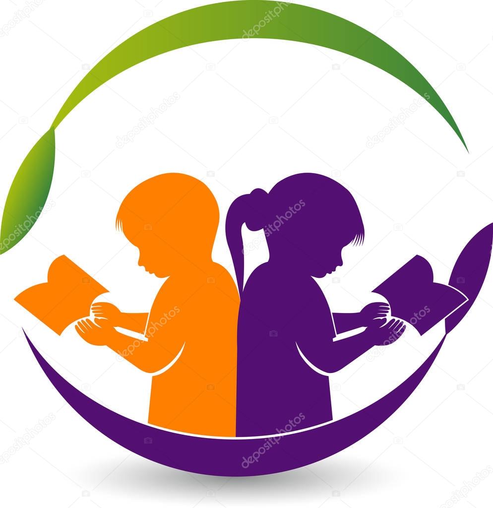 Illustration art of a boy and girl reading book logo with isolated background