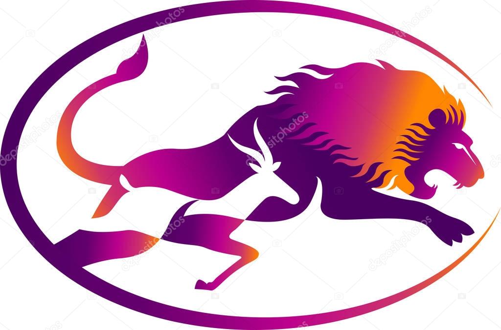 Illustration art of a lion and deer chasing logo with isolated background