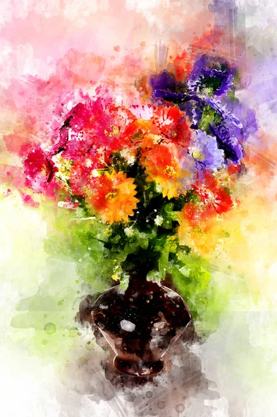 Pintura Cor Água Vaso Flor — Fotografia de Stock