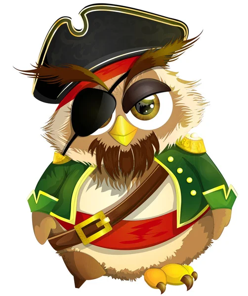 Korsan şapkalı güzel bir baykuş, göz bağı ve ceketi var. Çizgi film vektör çizimi beyaz arkaplanda izole edildi. Tasarımınız için vektör illüstrasyonu.