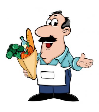 Satıcı ile bir kağıt torba gıda ile