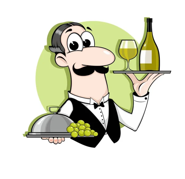 Waiter with bottle and glass on tray — Stock Vector