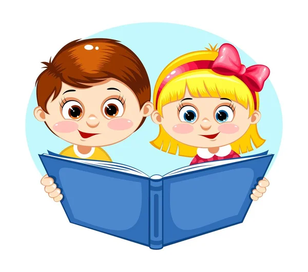 Menino e menina lendo um livro — Vetor de Stock