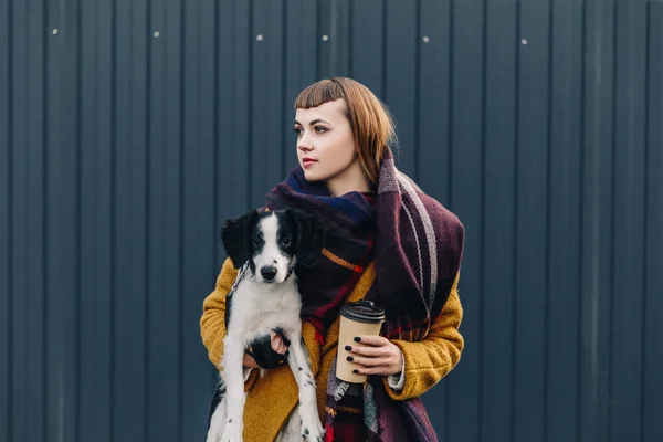 거리에 강아지와 커피를 잠겨있는 여자의 초상화 — 스톡 사진