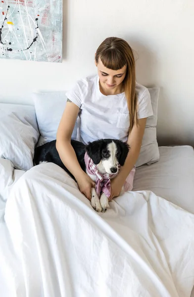 Portrait Young Woman Cute Puppy Lying Together Bed Morning Home Stock Picture