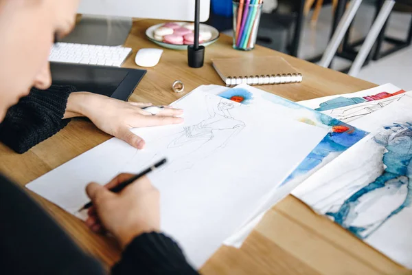 Fashion designer drawing sketch — Stock Photo