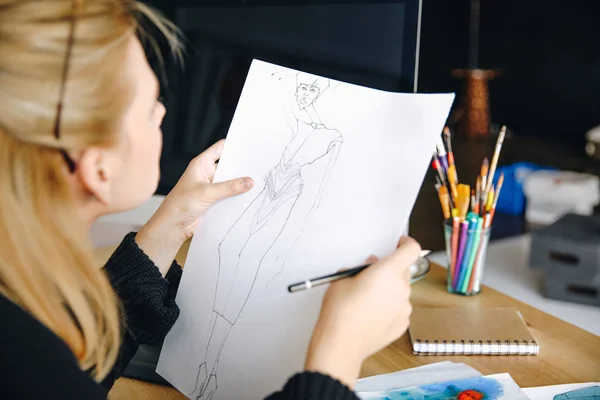 Fashion designer drawing sketch — Stock Photo