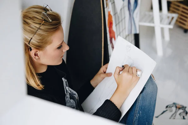 Fashion designer drawing sketch — Stock Photo