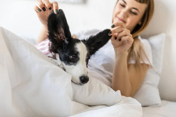 Selective focus of young woman holding puppys ears while lying in bed — Stock Photo