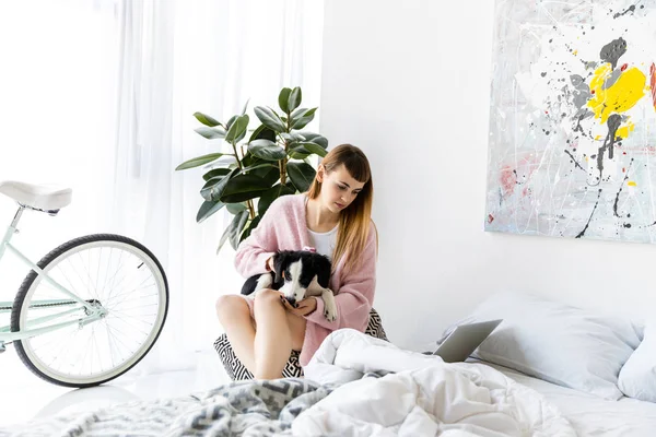 Portrait of focused woman with puppy in hands looking at laptop screen at home — Stock Photo