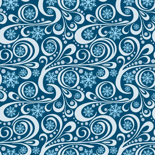 Abstraktes Neujahrsmuster mit blauen Schneeflocken und weißen Strudeln — Stockvektor