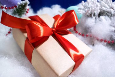 Mavi arka plan üzerinde kırmızı yay ile portre hediye kutusu