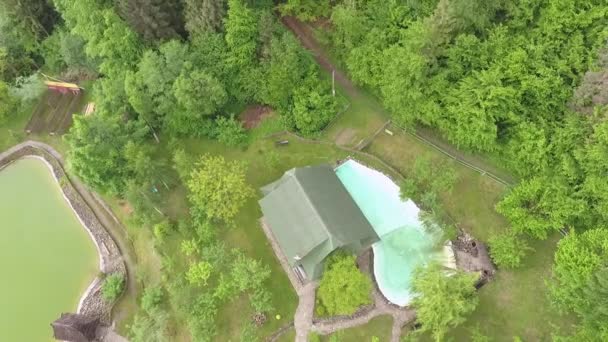 Заміський будинок в лісі та ставок — стокове відео