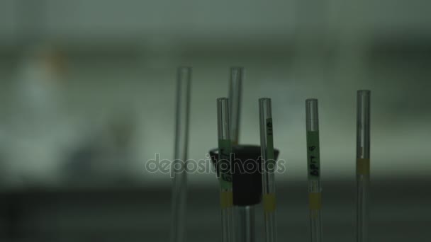 制药厂的实验室设备 试管和烧瓶 开始散焦拍摄 无颜色校正 — 图库视频影像