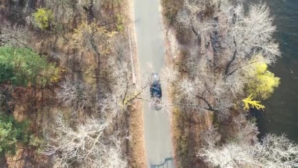 拍摄视频 下午在荒无人烟的路上的一辆汽车 森林里的路 移除无人机 在池塘边射击 — 图库视频影像