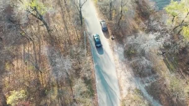Videodreh Die Drohne Hebt Während Das Auto Fährt Und Anhält — Stockvideo