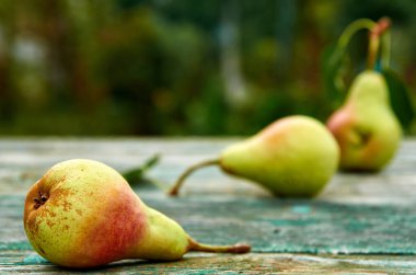 Ahşap yeşil kahverengi yaşlı doku masada yaprak yeşil armut kapatın. Bulanık doğa arka plan üzerinde iki armut