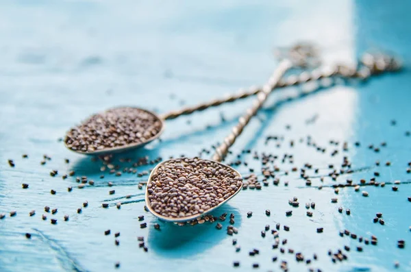 Raw fresh chia seeds in two vintage spoons on the blue wooden table. Healthy chia seeds. Detox superfoods breakfast or dessert