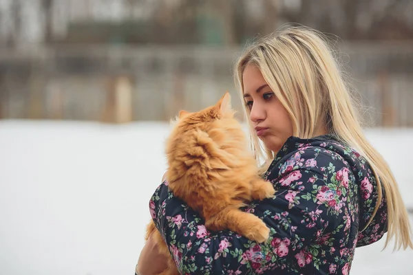 Девушка кошка красная зима — стоковое фото