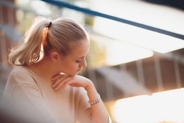 Blonde girl walking summer Stock Photo