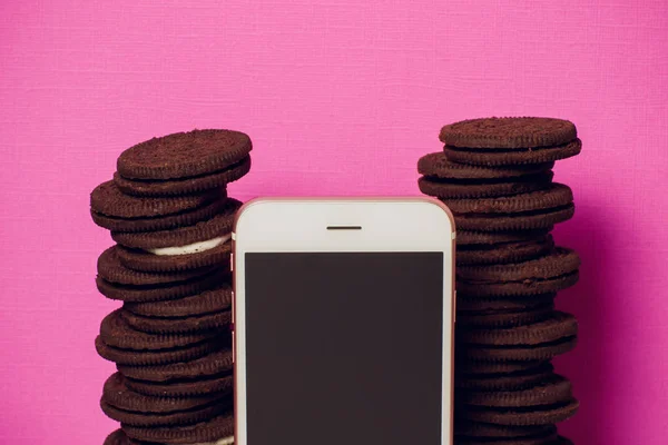 Chocolate cookies stacked served milk — Stock Photo, Image