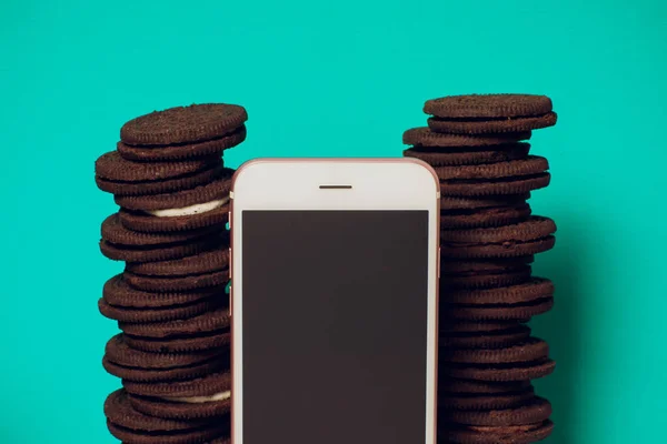 Chocolate cookies stacked served milk — Stock Photo, Image