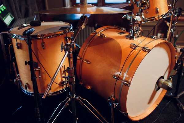 Modern drum set on stage prepared for playing. loft