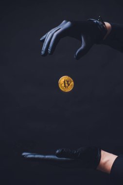 Bitcoin. El altın sikke bırakır. Siyah eldiven elinde. Kavram sonbahar Kripto para birimi. Siyah arka plan üzerine izole.