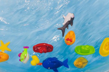 Birkaç igushek su deniz balıkları yüzmek şeklinde. Oyuncaklar çok parlak renkler ve mavi su arka planı güzel görünüyor.