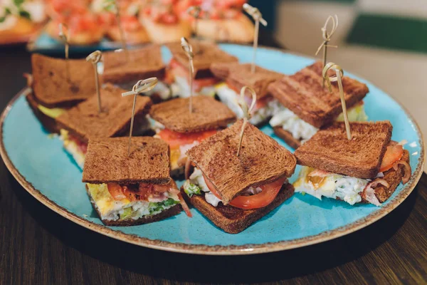 Mini Club sendvič s kuřecím majákem šunka, vaječný salát studené řezy Brioche sendviče na catering, seminář, přestávka na kávu, snídaně, oběd, večeře, bufet a setkání skupiny. — Stock fotografie