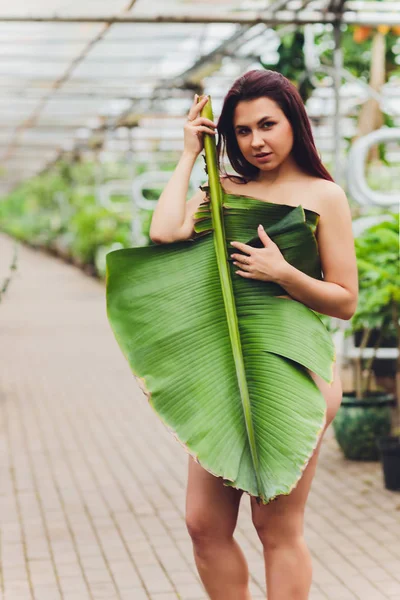 Portret van een jonge vrouw met brunette haar staande onder een groot bananenblad en kijkend naar camera. — Stockfoto