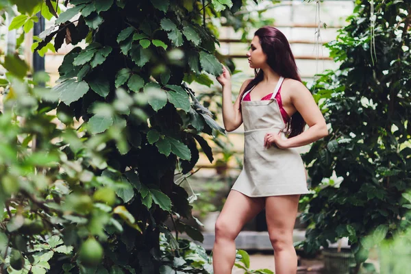 Pretty young woman gardening in an apron, without clothes. — 图库照片