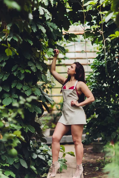 Красива молода жінка садівництво в фартусі, без одягу . — стокове фото