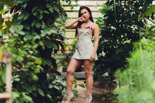 Pretty young woman gardening in an apron, without clothes. — 图库照片